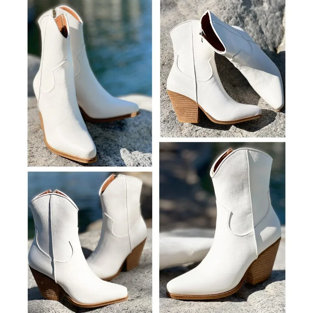NEW Pointy Toe Stack Block Heel Western Curved Mid Ankle Booties Boots Off White - Picture 13 of 13